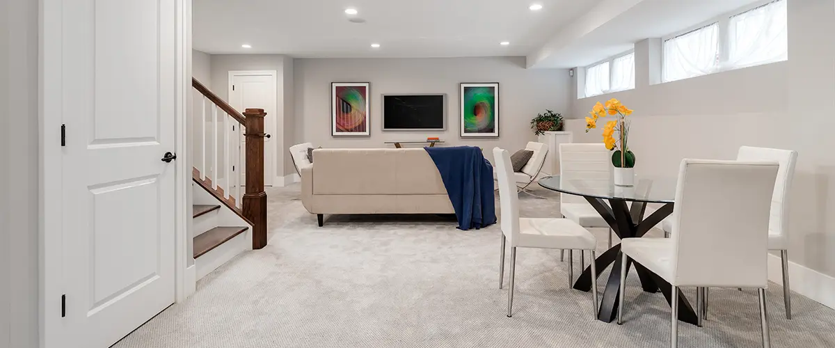 Modern remodeled basement with recessed lighting, white walls, carpet flooring, and lounge area with dining table