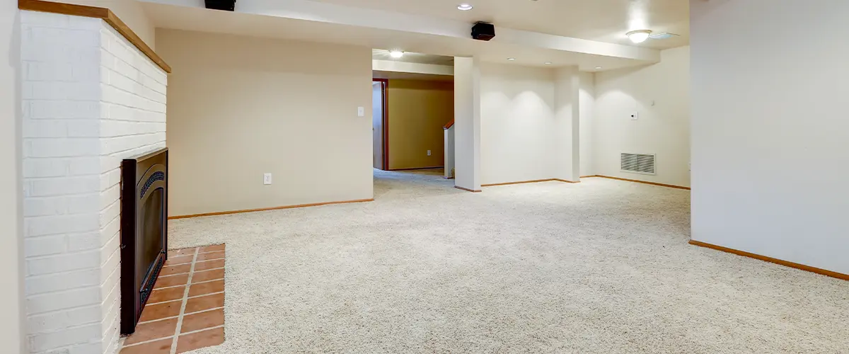Spacious empty basement with beige carpet, recessed lighting, and white painted brick fireplace