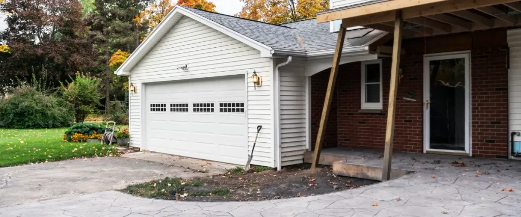 Attached garage under construction with white siding and concrete foundation
